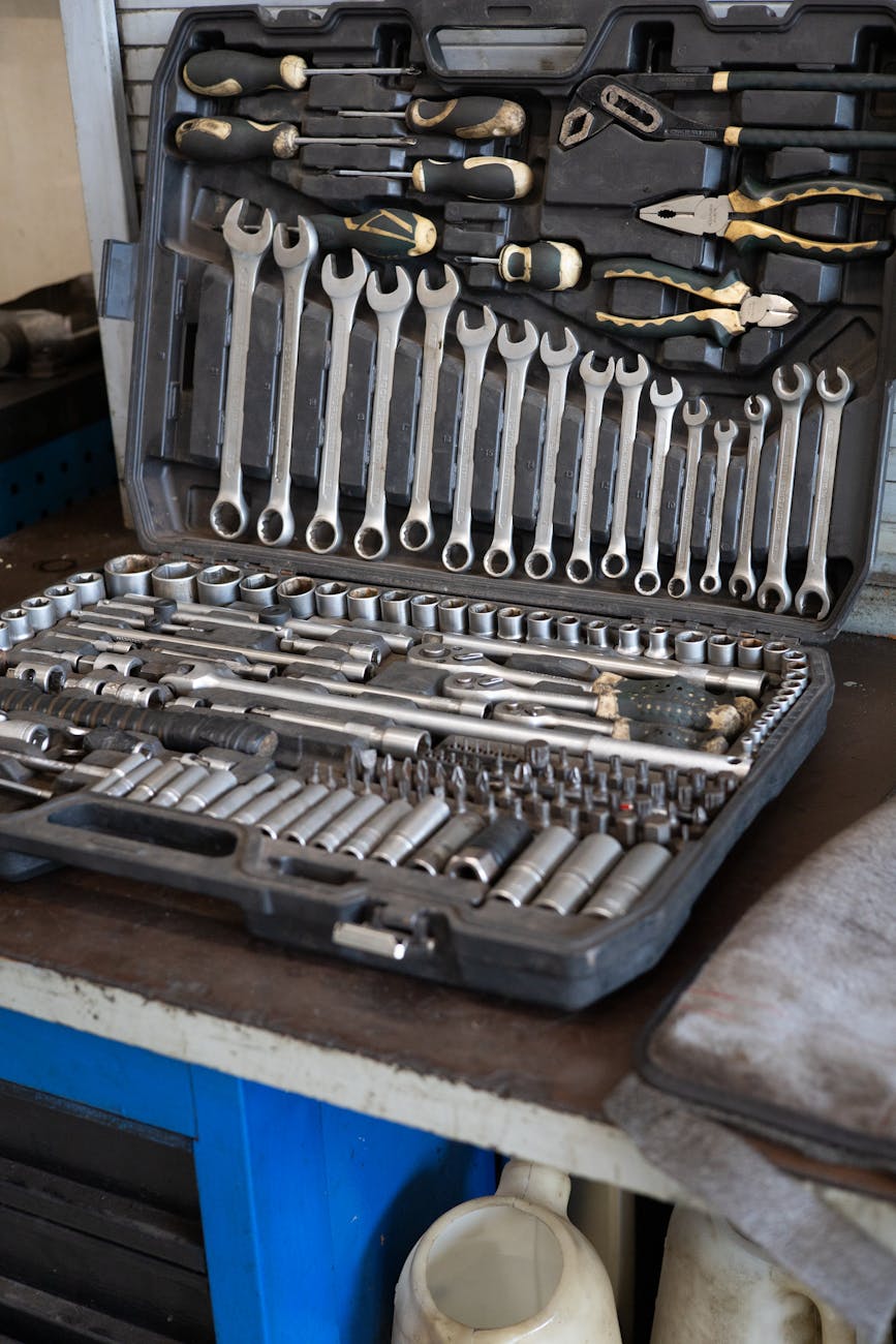 tools and wrenches in a portable case
